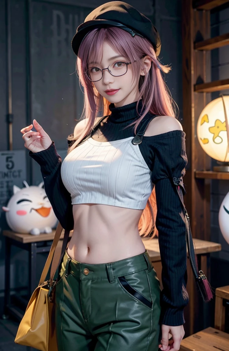 masterpiece, highest quality, want me \(Genshin impact\), Slime_(Genshin_impact), 1 girl, pink hair, have, Glasses,alone, removed sleeve, pants, harem pants, coin, looking at the viewer, 鼻Glasses, purple hat, smile, crop top, white sleeves, orange eyes, puffy long sleeve, long sleeve, yellow eyes, bangs, side lock, closed mouth