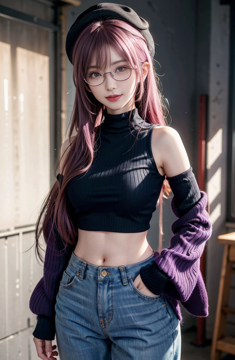 masterpiece, highest quality, want me \(Genshin impact\), Slime_(Genshin_impact), 1 girl, pink hair, have, Glasses,alone, removed sleeve, pants, harem pants, coin, looking at the viewer, 鼻Glasses, purple hat, smile, crop top, white sleeves, orange eyes, puffy long sleeve, long sleeve, yellow eyes, bangs, side lock, closed mouth