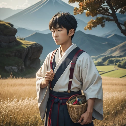 High resolution, Super detailed, masterpiece, highest quality,oriental、boy、boy working in the field、grassland、basket bag、Wearing traditional Japanese costumes、ancient japanese hairstyle、game poster、solo、