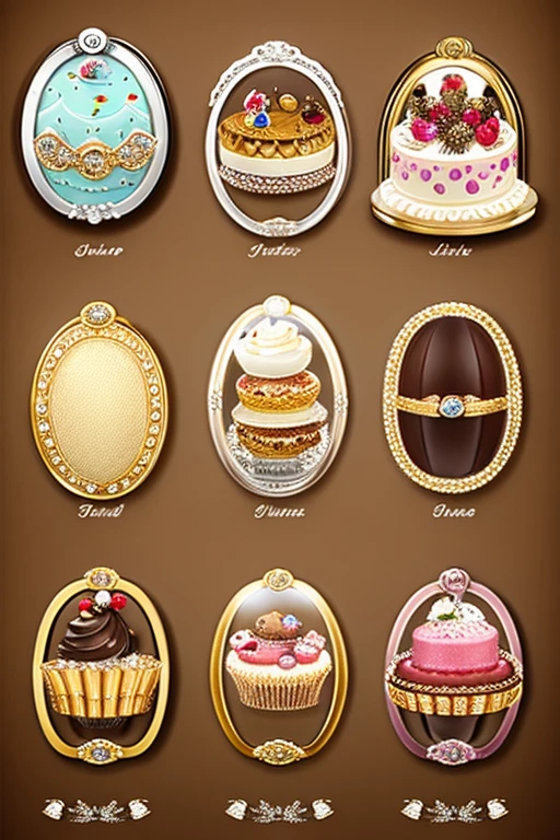 In an oval shaped pendant、Contains various miniature cakes etc.、Based on beige、Considering a luxurious design that even adults can wear.