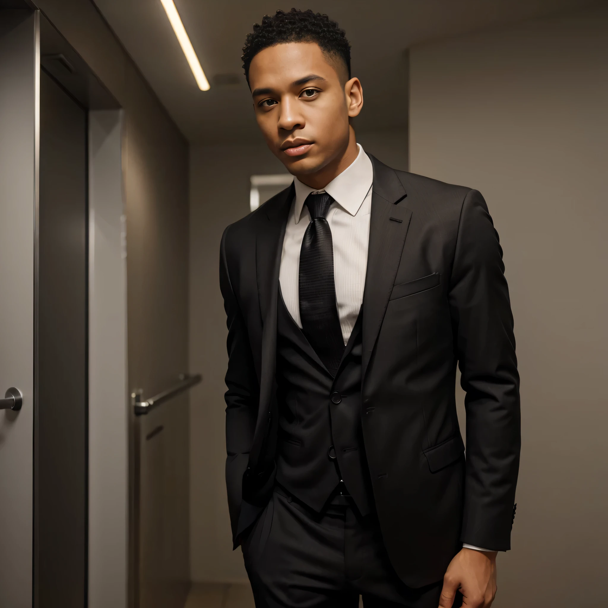 light skin male ,normal body, black suit jacket and tie