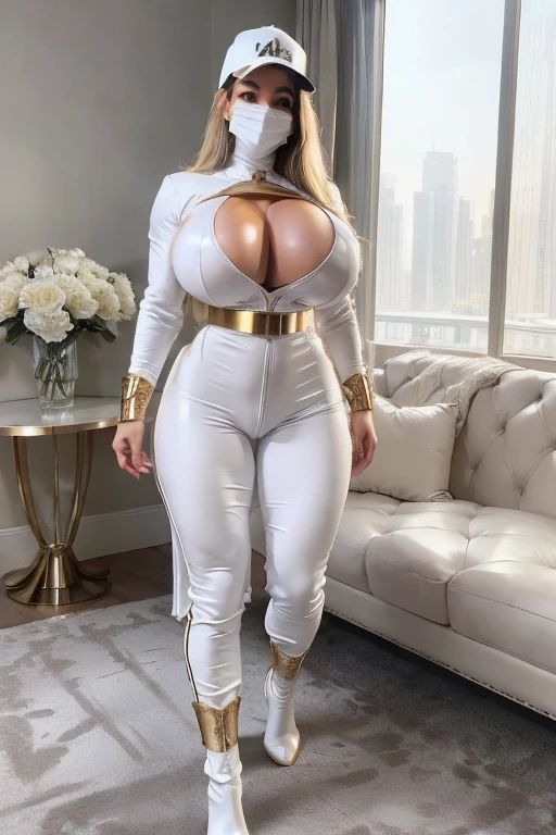masterpiece, high quality, best quality, beautiful, hd, realistic, perfect lighting, detailed face, detailed body, a 45 year old sexy arab woman, bodybuilder in white body suit, big golden boxing belt, white ninja face mask covering mouth, baseball cap, big muscle and big thighs, standing in a modern penthouse apartment, leather boots, (full body shot)