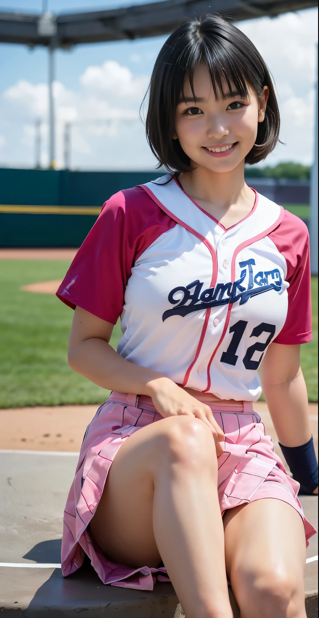 (8K、Raw photography、highest quality、masterpiece:1.2),(black haired、very short hair:1.8),show viewer,Looking at the front,erotic,white skin,(wearing a pink and white baseball uniform:1.6)、(Clothing that emphasizes the shape of your chest、exposing one's skin:1.6)、(big breasts :1.6)、slim body shape、ultra high resolution,beautiful,beautiful fece,(alone, alone、no background:1.9),whole bodyボディー,japanese woman,(Photoreal:1.37)、photon mapping,reality、(Cute with a : 1.0)、(cute smile: 1.7)、(With a round face: 1.8)、radio city、Physically based rendering、depth of field rally background、photograph, (I can see your knees,close up of thighs、The navy blue and pink plaid skirt is too short..、open both legs、show off panties:1.4),whole body、super fine