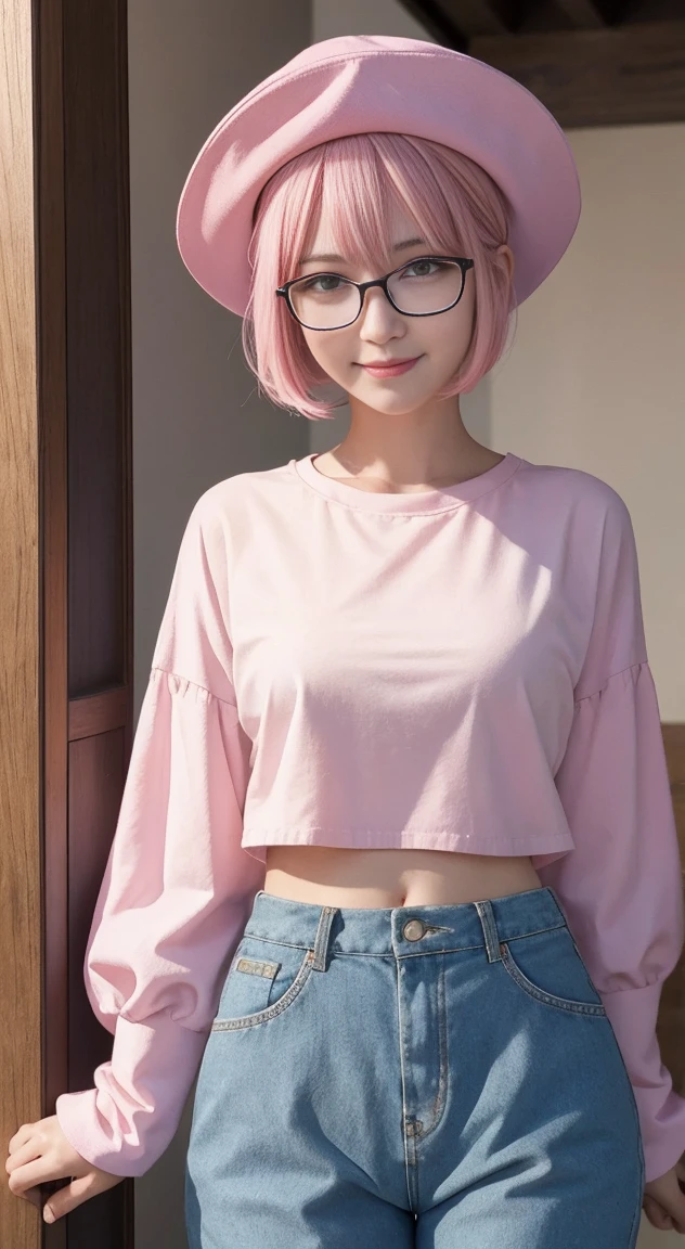 masterpiece, highest quality, want me \(Genshin impact\), Slime_(Genshin_impact), 1 girl, pink hair, have, Glasses,alone, removed sleeve, pants, harem pants, coin, looking at the viewer, 鼻Glasses, purple hat, smile, crop top, white sleeves, orange eyes, puffy long sleeve, long sleeve, yellow eyes, bangs, side lock, closed mouth