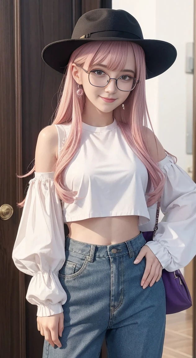 masterpiece, highest quality, want me \(Genshin impact\), Slime_(Genshin_impact), 1 girl, pink hair, have, Glasses,alone, removed sleeve, pants, harem pants, coin, looking at the viewer, 鼻Glasses, purple hat, smile, crop top, white sleeves, orange eyes, puffy long sleeve, long sleeve, yellow eyes, bangs, side lock, closed mouth