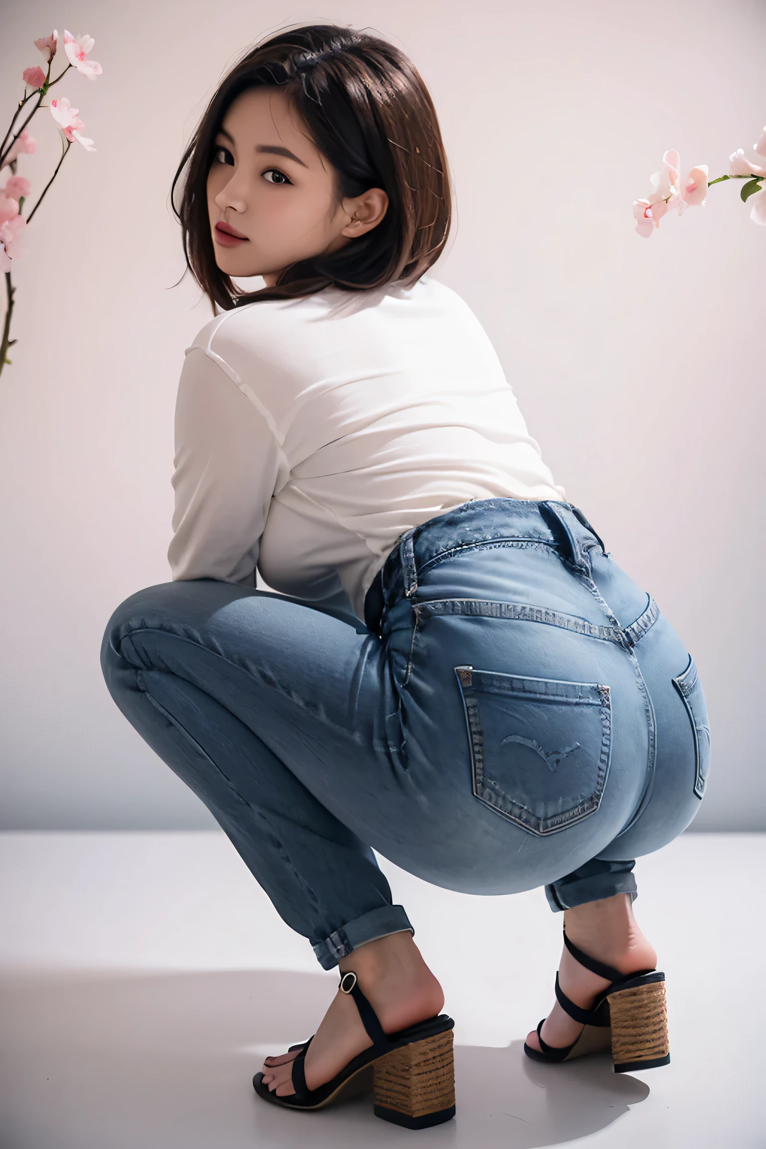 (secret:1.4), Inside a vast cosmos field in full bloom at dusk、sunset,wedding ring,Mother 33 years old,wrinkles around the eyes,Dark blue shorthair,big breasts,Chubby,big ass,Always squat with your butt facing,sandals,white shirt,long sleeve,Distressed navy blue low leg denim pants, The lace panties of her underwear are showing through..,Lace protruding from denim pants、I feel a very strong wind,Fantastic pre-beat with lots of cosmic petals dancing, ((Writing line transparency Highest quality Highest work Concept art.))、beautiful illustrations, pastel colour, illustration style, Realistic skin feel, realistic material、watercolor painting,