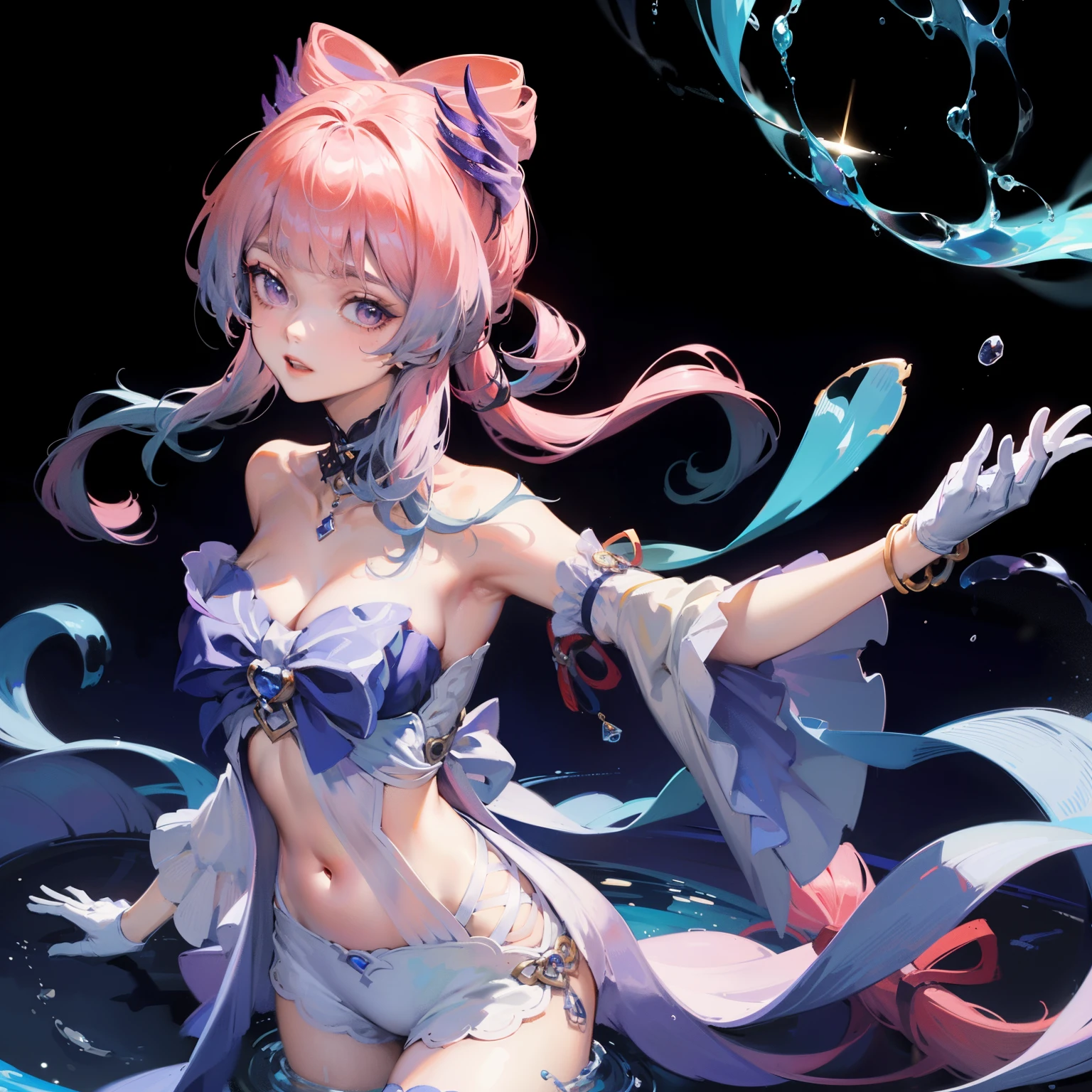 Nine snow-white fox tails (1.0), milky fox tail (1.0), fox close-up of nine tails, nine-tails, nine-tails, anime girl with pink hair and pink dress with flowers on her hair, very beautiful anime fox girl, beautiful anime fox girl, beautiful fantasy anime, guweiz, anime girl with fox ears, beautiful anime girl, very beautiful and cute fox girl, pink flower rain, background blur, anime style 4 K, anime fantasy artwork, 4k anime wallpaper, Artwork in the Guvez styleHD lighting and dark )<=(epic image quality)dark atmosphere with bright particle light(many effects in background)