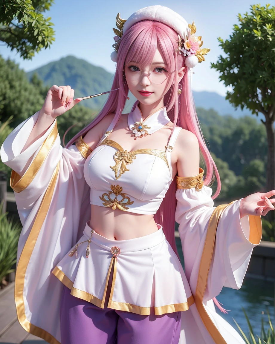 masterpiece, highest quality, want me \(Genshin impact\), Slime_(Genshin_impact), 1 girl, pink hair, have, Glasses,alone, removed sleeve, pants, harem pants, coin, looking at the viewer, 鼻Glasses, purple hat, smile, crop top, white sleeves, orange eyes, puffy long sleeve, long sleeve, yellow eyes, bangs, side lock, closed mouth