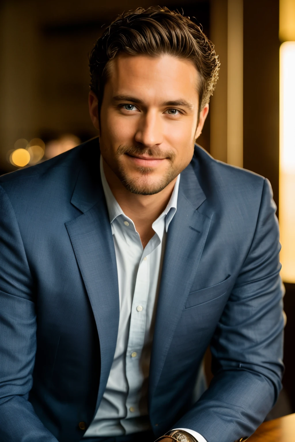 trustfull guy wearing a suit (sitting inside a modern restaurant at night), very detailed, 35 years old, natural hair, blue eyes, facial hair, high-res, masterpiece, best quality, intricate details, highly detailed, sharp focus, detailed skin, realistic skin texture, texture, detailed eyes, professional, 4k, charmer smile, shot on Canon, 85mm,shallow depth of field, Kodak vision color, perfect fit body, extremely detailed, photo_\(ultra\), photorealistic, realistic, post-processing, max detail, roughness, real life, ultra realistic, photorealism, photography, 8k uhd, photography (film grain) medium shot to close up shot smiling atmospheric dark lighting
