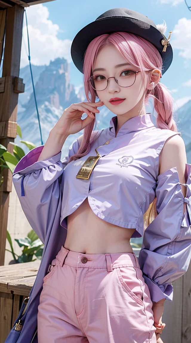 masterpiece, highest quality, want me \(Genshin impact\), Slime_(Genshin_impact), 1 girl, pink hair, have, Glasses,alone, removed sleeve, pants, harem pants, coin, looking at the viewer, 鼻Glasses, purple hat, smile, crop top, white sleeves, orange eyes, puffy long sleeve, long sleeve, yellow eyes, bangs, side lock, closed mouth