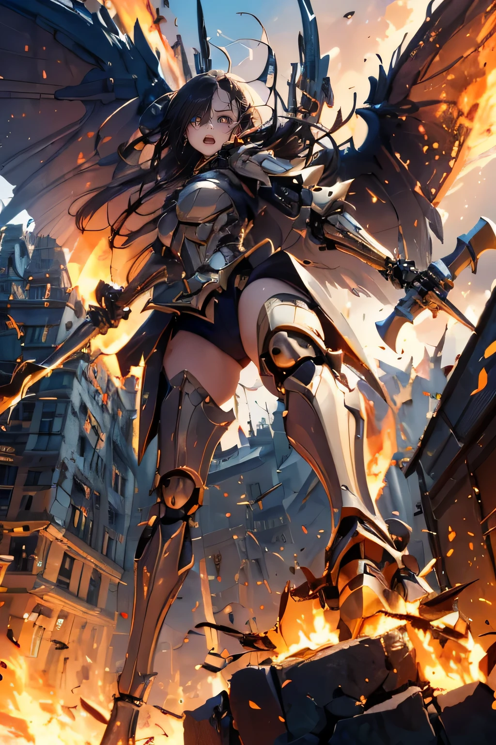 (((battle, mechanical, complex body, she attacks using a giant battle axe))), stylized game character, lost pupils, drooping eyes, (thin thighs), flame, ((destroying the city)), she has many wings,