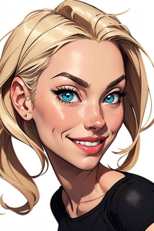 (cartoon style:1.2), Drawings of ([Gwen Stacy]), portrait, wearing black t-shirt, short skirts, smile, perfect eyes, detailed face, white background, fun posing, flirty look, Centered, scale to fit the dimensions