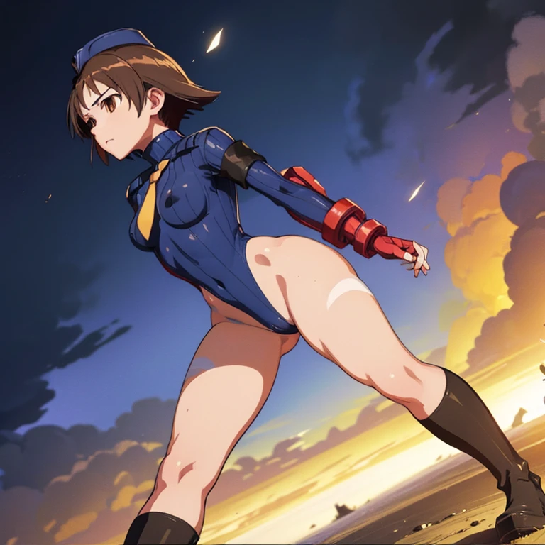 ultra-detailed, Explicit, Beautiful body, Beautiful Nose, Beautiful character design, perfect eyes, perfect face, ultra highres, 4K, beautiful legs, perfect legs, Nice hands, Perfect hand, Masterpiece, Best Quality, Highly detailed, illustration, absurdres, perfect anatomy, street fighter, doll suit, shadaloo doll, dollsuit, expressionless, blank eyes, looking at viewer, red gloves, emotionless, black latex, corrution, mind control, female combatant, full body, hypnotized, unhappy trance, full body suit, ribbed bodysuit, both arms at side, obey, perfect female body, extremely glossy latex, hypnosis, hypnoLora, empty eyes, Mind control device, poses, submissive_pose, Slave, hat, necktie, stand up straight, standing, standing at attention, hat, necktie, belt, latex, ribbed bodysuit, thighhighs, garter belt, Fighting Stance, extending the right arm from the shoulder into the air with a straightened hand, military, thigh boots, 1girl, Solo, brown hair, short hair, brown eyes, Yoshika Miyafuji, Strike Witches
