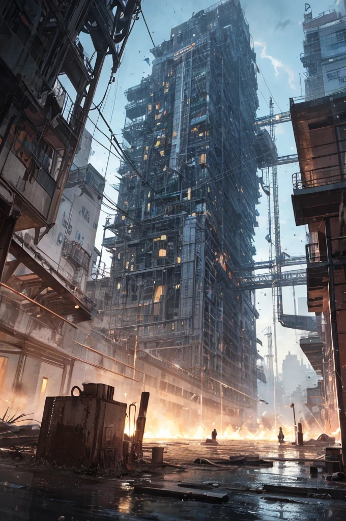 Masterpiece, top quality, 4K UHD,
steampunk cityscape,
perspective from below,
crowded buildings with exposed gears and pipes,
dim light illuminating the irregular structures,
submerged ground covered in mechanical devices,
gears turning and thick pipes hissing,
covered bridge with intricate designs,
smoky weather with chimneys belching steam,
staggered wires crisscrossing the sky,
raindrops reflecting the chaotic beauty of the scene.