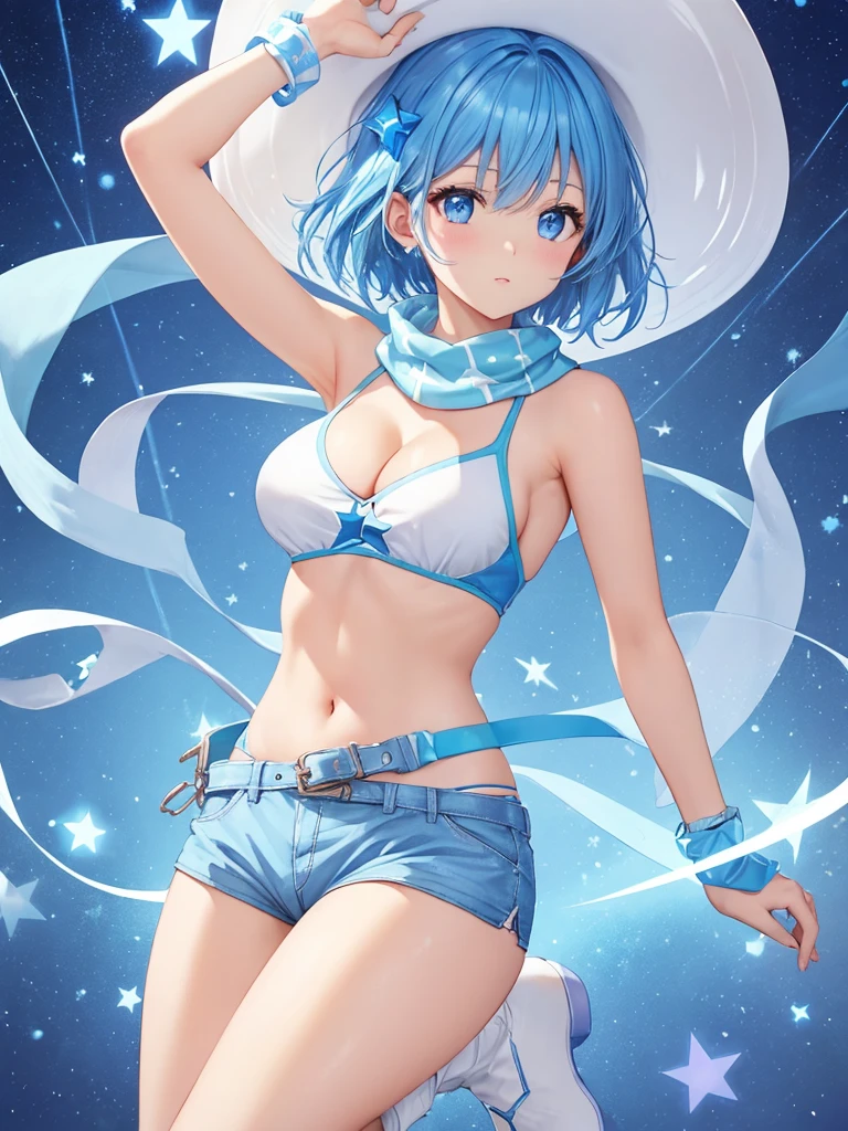 masterpiece, best quality, ultra detailed,realistic,re zero, blue hair, short hair,((large breasts)), (light-blue theme),(sexy
cowgirl costume),(sleeveless
(light-blue crop top) with (many smal
star-symbol print)),(plunking
neckline)、((bare shoulders, bare
arms)),(collarbone, emphasize
cleavage)),(light-blue leather micro
shorts with (many small star-symbol
pattern)),(light-blue Scarf)
BREAK (white theme),(white ten
gallon hat),(white (cowboy boots.
western boots)),(white belt).
(wristband)、
BREAK (yellow theme),(yellow
star-symbol print),(yellow star
pattern)
