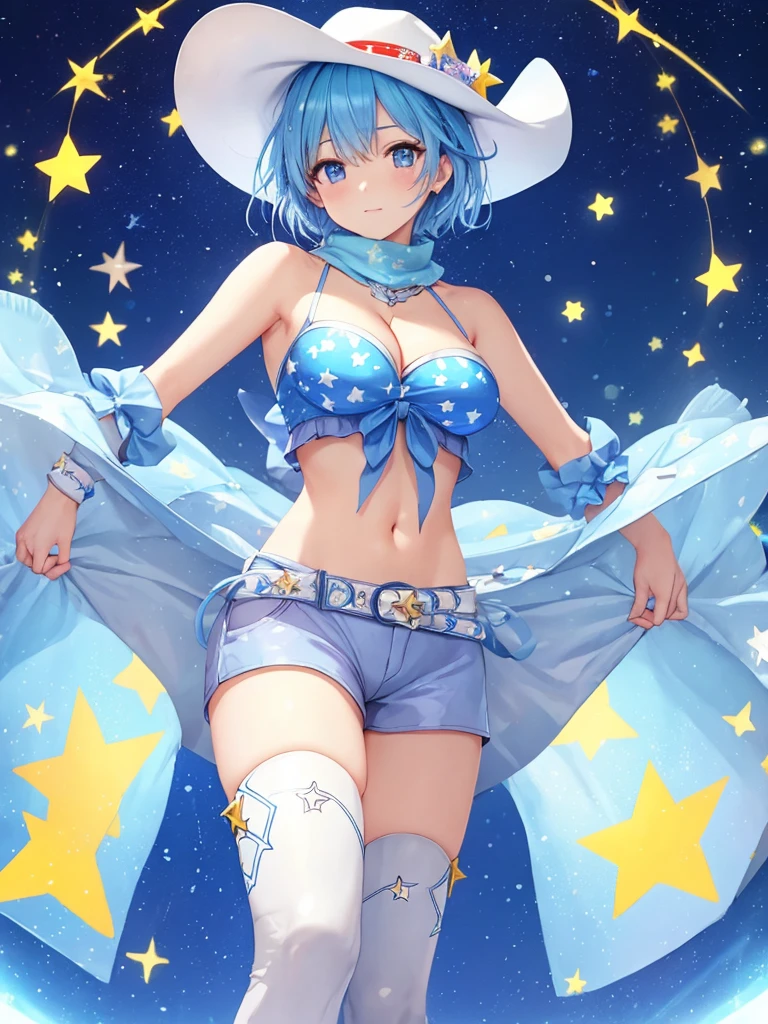 masterpiece, best quality, ultra detailed,realistic,re zero, blue hair, short hair,((large breasts)), (light-blue theme),(sexy
cowgirl costume),(sleeveless
(light-blue crop top) with (many smal
star-symbol print)),(plunking
neckline)、((bare shoulders, bare
arms)),(collarbone, emphasize
cleavage)),(light-blue leather micro
shorts with (many small star-symbol
pattern)),(light-blue Scarf)
BREAK (white theme),(white ten
gallon hat),(white (cowboy boots.
western boots)),(white belt).
(wristband)、
BREAK (yellow theme),(yellow
star-symbol print),(yellow star
pattern)