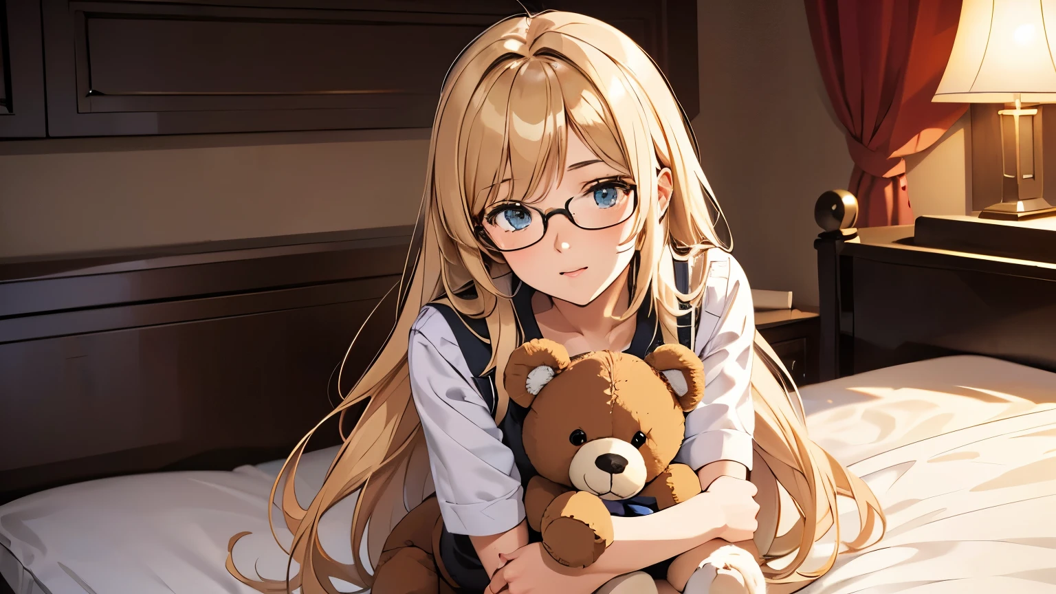 Young woman with glasses and long blond hair. She is kneeling on the bed, holding a teddy bear. Anime style, wallpaper, detailed
