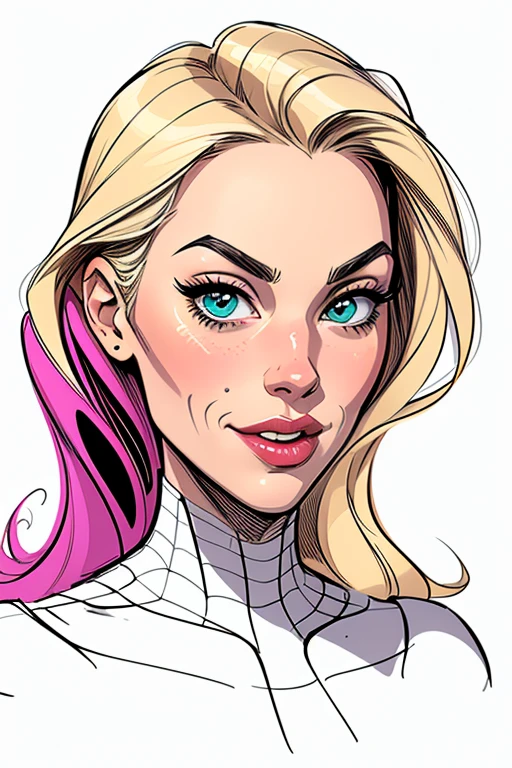 (cartoon style:1.2), Drawings of ([Gwen Stacy]), portrait, white background, fun posing, Centered, scale to fit the dimensions