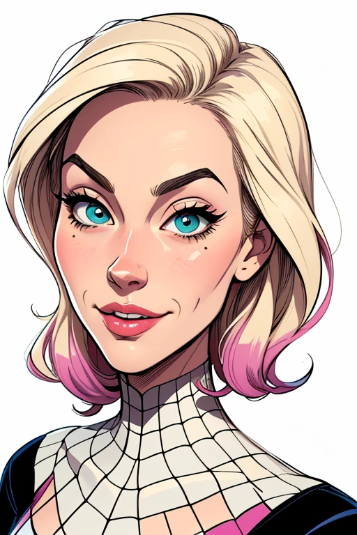 (cartoon style:1.2), Drawings of ([Gwen Stacy]), portrait, white background, fun posing, Centered, scale to fit the dimensions