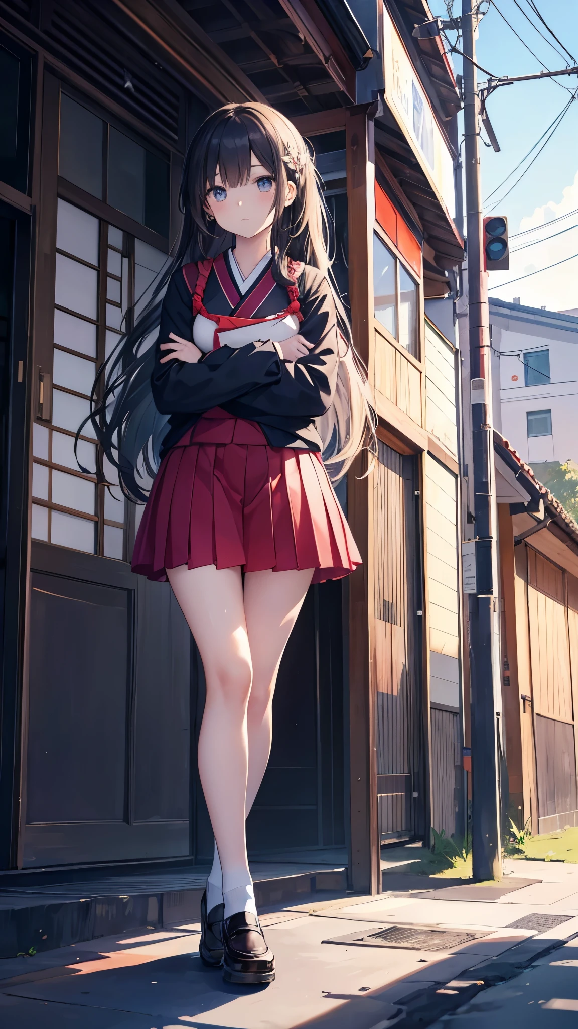 return center of gravity, put both hands in front of both feet, Place both feet in the hands, pretty embarrassing, , thin legs, Tight Skirt, 90 degree knees, put the heel on the ground, hands at feet, hug my legs, kneel down, sidewalk, RAW photo, 8K, highest quality, ultra high resolution, beautiful face details, real human skin, gentle expression, Front view, angle from below, long hair, realistic, realistic, cute, short skirt, Crouch deep in the city, cute女子高生, japanese uniform, Wearing Japanese school uniform, surreal high school girl, whole body,
