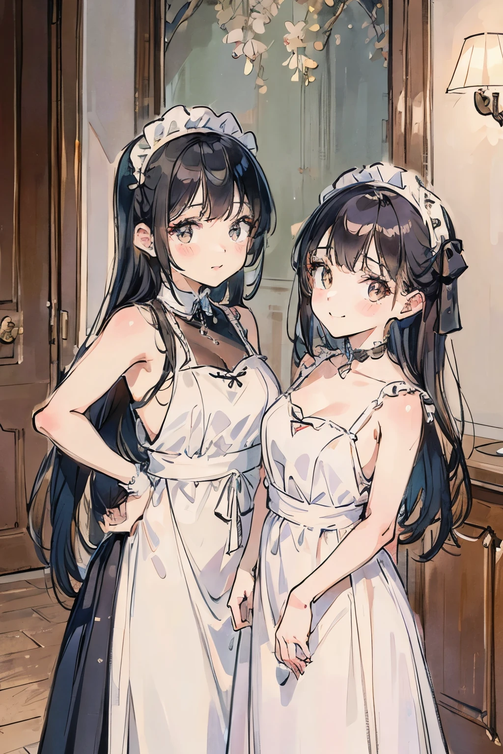 2 girls，Girls in maid outfits and girls in evening dresses，lesbian