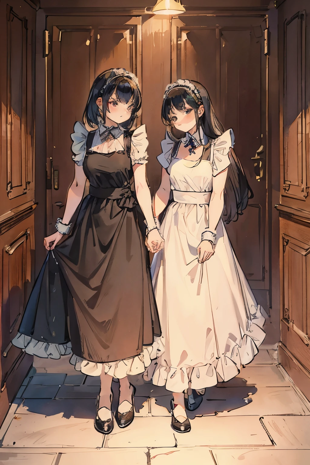 2 girls,Girls in maid outfits and girls in evening dresses,lesbian