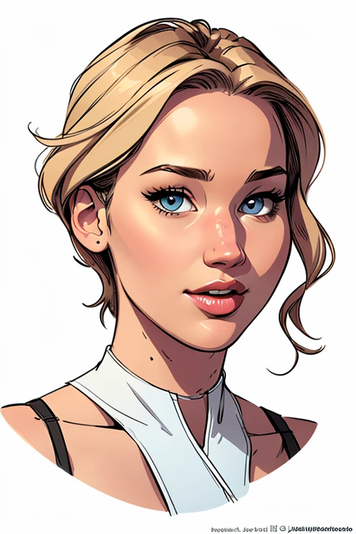 (cartoon style:1.2), Drawings of ([Jennifer Lawrence]), portrait, white background, fun posing, Centered, scale to fit the dimensions