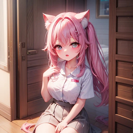 highest quality)), ((masterpiece)), (be familiar with), perfect face、game CG、cute、Two dimensions、Cat ear、pink hair、big breasts、Erotic、nurse uniform、skirt、black stockings