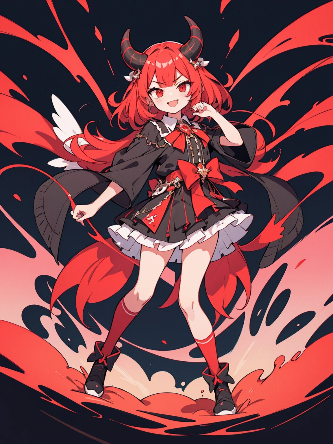Highest quality and detailed illustrations, high resolution, Standing Girl, devilish expression, fascinating expression, medium hair、Put your hand to your mouth and smile, Open your mouth and sneer, red face, Full body Esbian, Condescending angle, Female brat, knee socks, red face, {{{{{smug face, }}}}} {{narrow your eyes}} mouth with open fangs,,,,,,,,,,,,,, skirt fluttering in the wind、Panties visible、Front view、full body view、