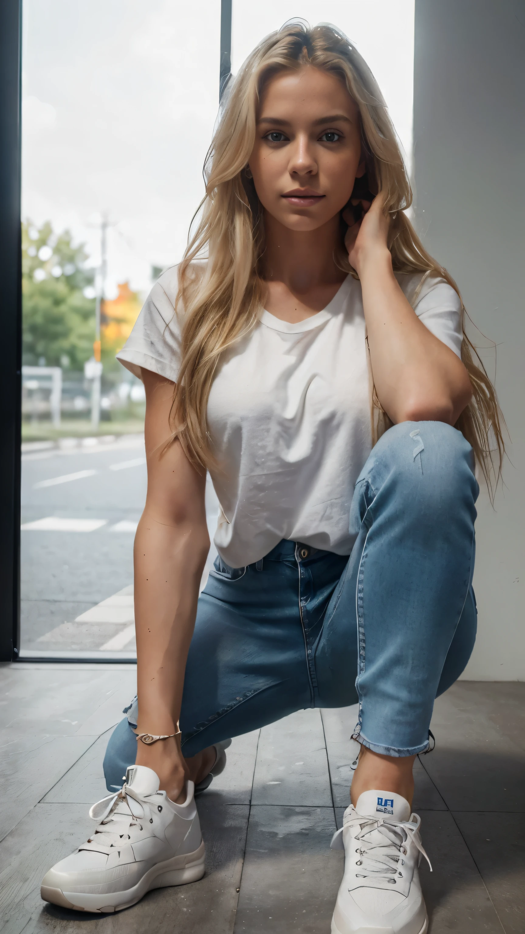 full body of a Nordic blonde Instagram woman model, Nordic detailed face, long wavy sun kissed blonde hair, 25 years old, ultra high res, (photorealistic: 1.4), (authentic skin texture:1.3), white loose shirt, jeans, sneakers, full fit legs, fit body, defined abs, ((best quality)), ((masterpiece)), 8K, photorealistic, perfect face, perfect hands