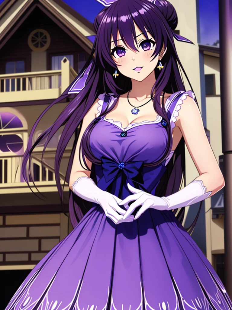 Great quality ++ High resolution extremely detailed, very aesthetic, expressive eyes, perfect face, face symmetrical, good anatomy, perfect hands, 8k, UHD, HD wallpaper, high quality, Ultra detailed, ((((1girl)))), (((1person))), ((((Date A Live)))), (((Yatogami Tohka Izayoi))), (((Long hair))), (((Dark Plum hair))), (((Indigo eyes))), (((heavy makeup housewife))), (((housewife dress))), (((stepford))), (((stepfordized))), purple dress, white polkadots on dress, long gloves, elbow gloves, hair up, hair bun, (((hypnotized eyes))), earrings, smile, blissful, happy, wearing lipstick, wearing makeup, purple eyeliner, blush, tall image, tall hair, bige breasts, small waist, looking at viewer, swirl eyes, big lips, thick lips, hair in bun, hair up, necklace, tight dress, swirl eyes, (((hypnotized eyes))), tall image, thin waist, cute, side angle, big pupils, open mouth, house background, center angle, beehive hairdo, (((house background))), ((((center angle)))), 
