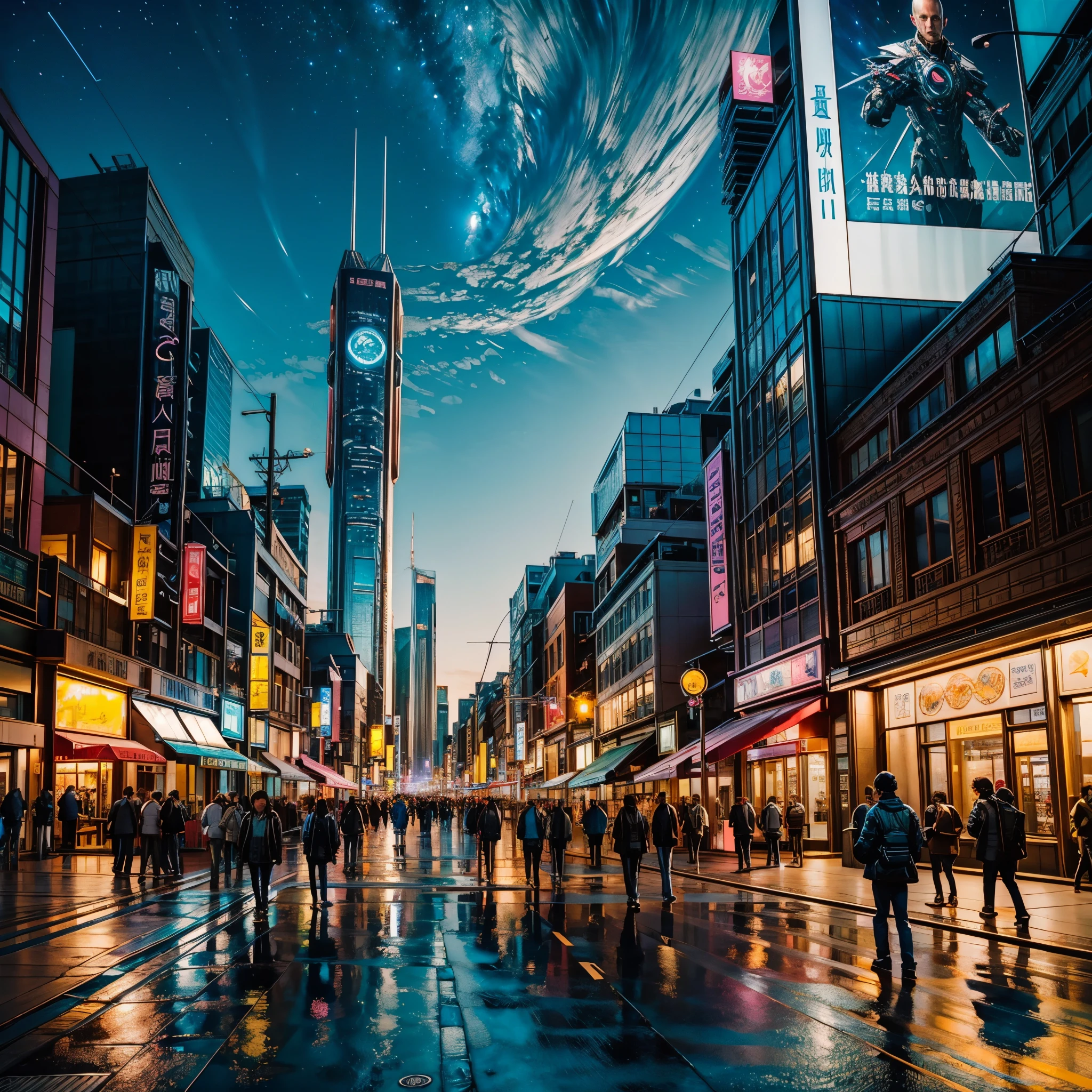 (nebulae hyper Nebula starry_sky Moonset epic moonrise spacious moonshine) In this futuristic image of a city at night，We were taken into a city full of technology and innovation。Tall skyscrapers glow with neon lights in the night sky，Forming a series of colorful lines。The facades of these buildings are covered with reflective materials，Reflects surrounding lights，Create a futuristic atmosphere。 On the streets of the city，Driverless cars and aircraft fly by，They leave colorful trails in the night sky。These vehicles are made of smooth metal and transparent materials，It gives a sense of technology and the future。People wear fashionable clothing，Wearing smart glasses and bracelet，Integrate with technology。 The center of the city a huge，There a huge water screen projection on，Displays a variety of gorgeous images and animations。People surround the water curtain projection，Admire the art works and technology displayorming a unique interactive experience。surrounded by a green belt，Planting plants of the future，These plants emit faint fluorescence，Adding a touch of vitality and natural flavor to the city。 In the distance of the picture，We can see a huge spaceport，The spaceship taking off，Carrying people to unknown areas of the universe。The spaceport’s architectural design unique，Full of curves and streamlined elements，It gives a sense of futuristic technology。 The whole picture full of a sense of technology and the future，Showing a future city full of innovation and imagination。This painting rich in detail，vibrant with colorull of imagination and creativity，It makes people feel like they are in a future world full of technological wonders， (Cyberpunk night❤heart view， ultra - detailed， intricately details， deep colour， realisticlying， tmasterpiece， cinmatic lighting， bokeh， Unreal Engine 5， rendering by octane， movie smoothing , reflection luminescence Crystalline glow hearth) blooms floraison invoke magic monarch varies multi etc. --s 1000 --c 20 --q 20 --chaos 100