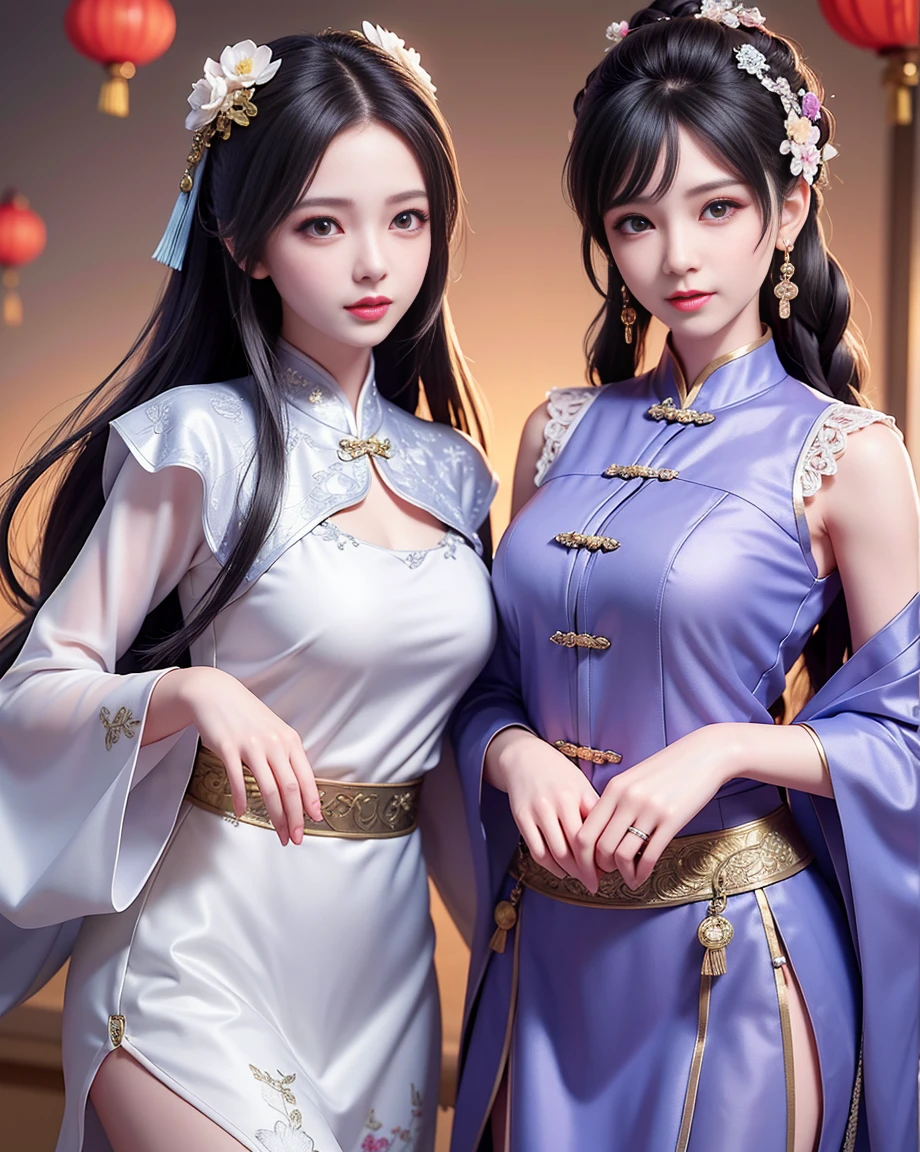 Realistic,2 girls,gray hair,black hair,Chinese Girl,purple eye,shining eyes of light,cut the top,skirt,parted lips,face turns red,night,fresh flowers,sun,rays of sunhine,on top of the cheongsam,mature woman,mature,