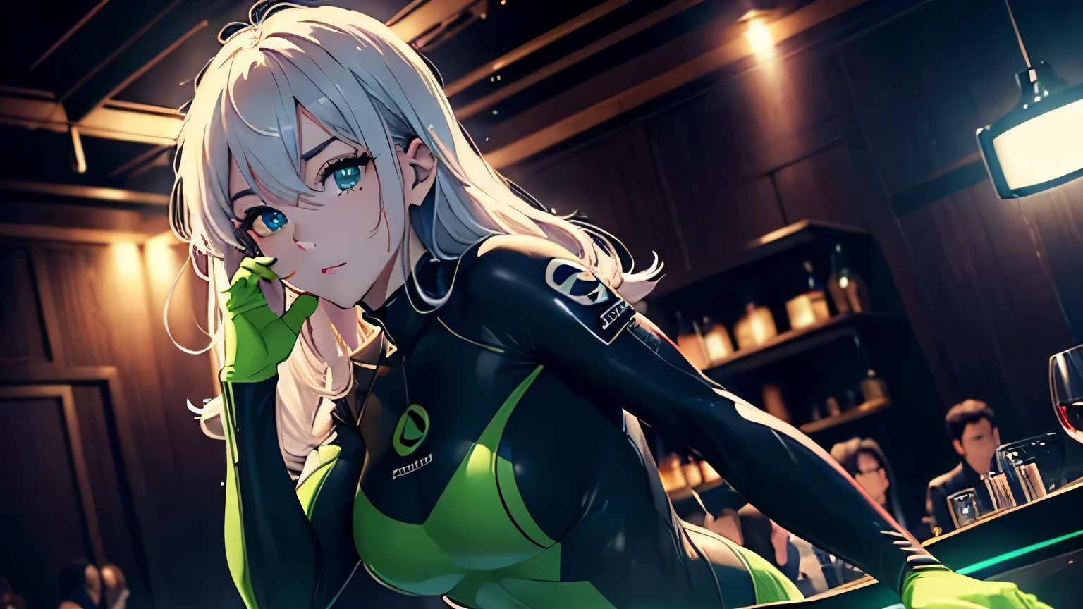 4K, A high resolution, Best quality at best, tmasterpiece, perfect colors, perfect shadow, perfect litthing, ((sportrait)), fit-muscled body, bright green eyes,With round lenses, The audience watched carefully, (s face: 1.2), Perfect female figure, ((Tight suit)), ((looking at viewert)), (Perfect thick white eyebrows) Delicate fur, 详细s face, s the perfect shy face, At a in an underground dance club , (Drink a glass of wine while standing), Comfortable background, perfect decoration, lighting atmosphere, ((Bonifasko lighting)), (The round lenses on his eyes)(詳細な目), Perfect student