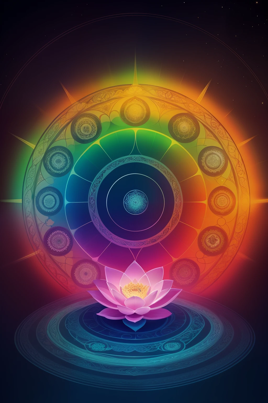 Create a captivating meditation music channel cover with a Chakra theme. Witness the harmonious blend of the seven Chakras and their respective colors and symbols—Root (Red), Sacral (Orange), Solar Plexus (Yellow), Heart (Green), Throat (Blue), Third Eye (Indigo), and Crown (Violet).

Maintain a sense of balance and energy flow by illustrating the layered structure of the Chakras. Evoke a tranquil and meditative atmosphere through soft tones, fluid lines, and harmonious patterns.

Incorporate natural elements related to each Chakra, such as lotus flowers, water droplets, or