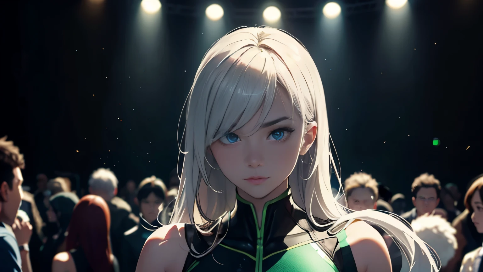 4K, A high resolution, Best quality at best, tmasterpiece, perfect colors, perfect shadow, perfect litthing, ((sportrait)), fit-muscled body, bright green eyes，With round lenses, The audience watched carefully, (s face: 1.2), Perfect female figure， ((Tight suit)), ((looking at viewert)), (Perfect thick white eyebrows) Delicate fur, 详细s face, s the perfect shy face, At a  in an underground dance club , (Drink a glass of wine while standing), Comfortable background, perfect  decoration, lighting atmosphere, ((Bonifasko lighting)), (The round lenses on his eyes)(詳細な目), Perfect student