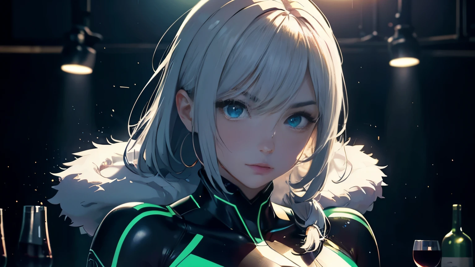 4K, A high resolution, Best quality at best, tmasterpiece, perfect colors, perfect shadow, perfect litthing, ((sportrait)), fit-muscled body, bright green eyes，With round lenses, The audience watched carefully, (s face: 1.2), Perfect female figure， ((Tight suit)), ((looking at viewert)), (Perfect thick white eyebrows) Delicate fur, 详细s face, s the perfect shy face, At a  in an underground dance club , (Drink a glass of wine while standing), Comfortable background, perfect  decoration, lighting atmosphere, ((Bonifasko lighting)), (The round lenses on his eyes)(詳細な目), Perfect student