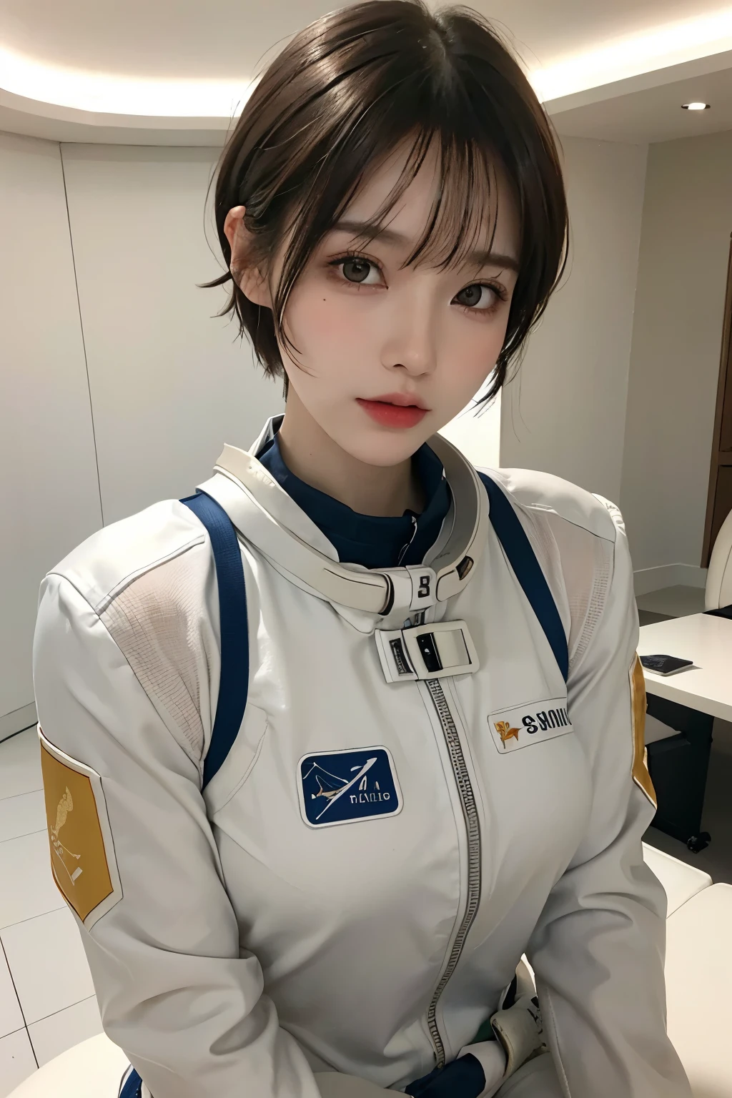 highest quality、masterpiece、ultra high resolution、(real:1.4)、Beautiful woman1、Beautiful details of eyes and skin、light brown short cut hair、The perfect spacesuit、outer space、macrocosm、star々、Inside the spaceship、