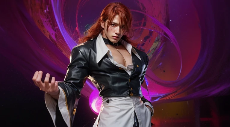 Red-haired man, eagle eyes, serious expression, hair covering half of his face, black belt around his neck, stand-up shirt, black half-student uniform, purple flame burning in his hand