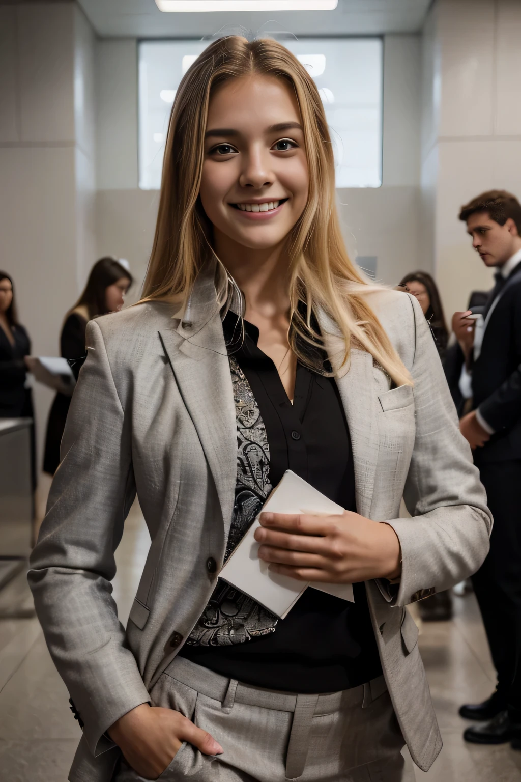 a high , estudante de direito, 25 anos de idade, smiling at the camera, textura natural da pele, Texturas 4K, HDR, Intricado, altamente detalhado, sharp focus, Cinematic Appearance, hiper-detalhado, black business suit, lawyer suit, plano americano, camisa social branca sob o terno, cabelo loiro.