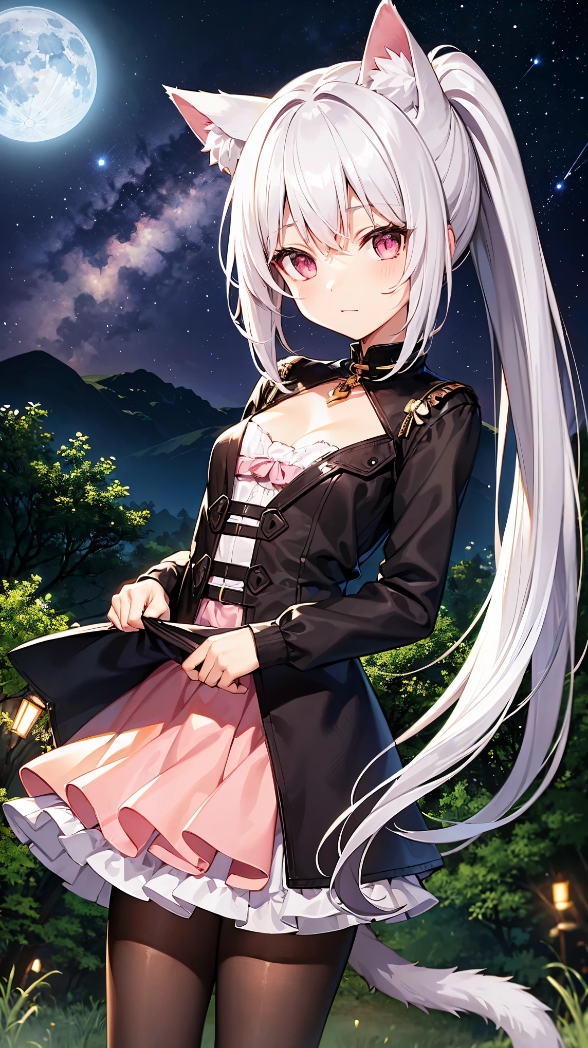 catgirl, cat tail, cat ears, white hair, long hair, ponytail, pink eyes, top of the mountain, forest, trees, night sky, stars, moon, pink moon, milkyway galaxy, meteor, meteorite