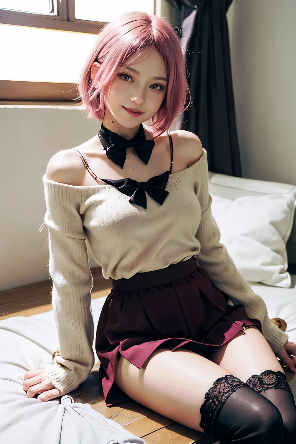 (8K, top-quality, masterpiece:1,2), (reallistic, Photorealsitic:1.37), Super Detail, One girl,), (Highly detailed), (beautifully detailed eyes), (of the highest quality), (super detailed ), (masterpiece), (Detailed face),20yr old, ,1 girl, ((pink hair,Very short hair)), medium breasts, clothed, Perfect Lighting, BREAK (deep wine red oversized cashmere sweater:1.3), (V-neck design:1.2), (thin lace camisole:1.1), (white blouse with lace and bow tie accents:1.3), (high waist tight black skirt:1.4), (fringe design on cuffs and hem:1.2), (side slit:1.2), (black knee high socks:1.2), (black ankle boots with heels:1.3), (body chain:1.2), (lace choker:1.2), BREAK smiling mouth, looking at camera, right hand rolling up sweater sleeve, left hand holding skirt hem, legs slightly apart, right leg forward, white wall and wooden floor room, natural light from window, soft shadow, low contrast