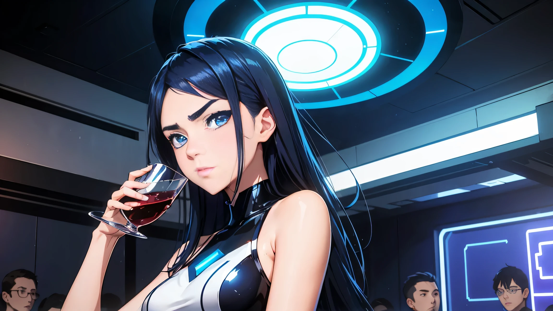 cool synthwave anime girl , dark blue hair , blue eyes , rainy time , underground dance club , whole body shot, big brest, (Perfect thick white eyebrows) Delicate fur, 详细s face, s the perfect face, At a in an underground dance club , (Drink a glass of wine while standing), Comfortable background, perfect decoration, lighting atmosphere, ((Bonifasko lighting)), (The round lenses on his eyes)(詳細な目), Perfect student, face close up