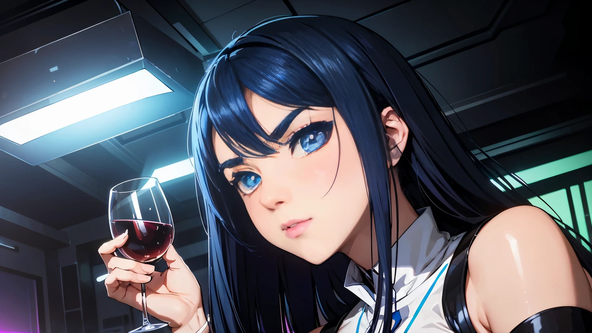 cool synthwave anime girl , dark blue hair , blue eyes , rainy time , underground dance club , whole body shot, big brest, (Perfect thick white eyebrows) Delicate fur, 详细s face, s the perfect face, At a in an underground dance club , (Drink a glass of wine while standing), Comfortable background, perfect decoration, lighting atmosphere, ((Bonifasko lighting)), (The round lenses on his eyes)(詳細な目), Perfect student, face close up