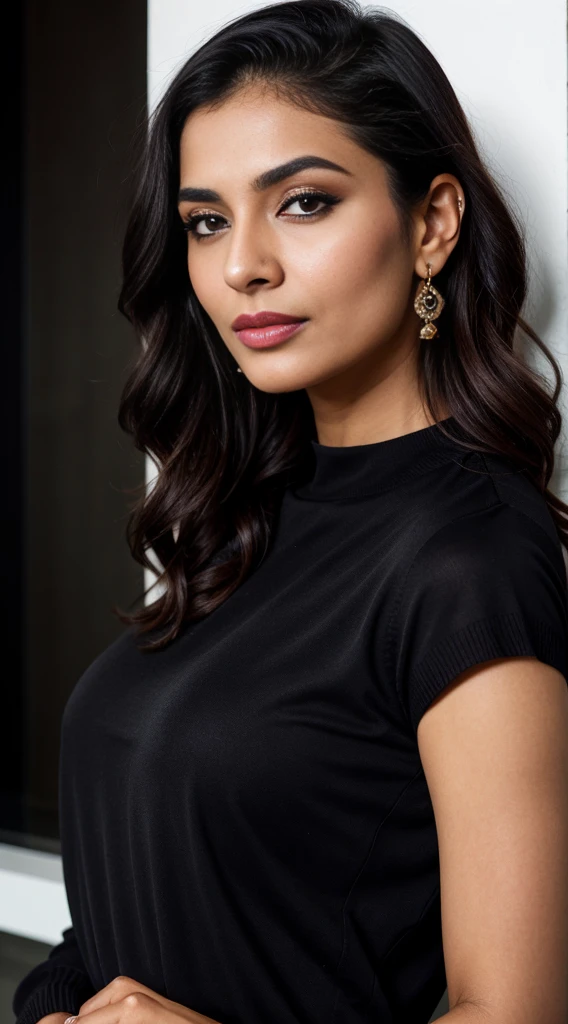 Portrait of Indian most beautiful and attractive serious Punjabi woman in her 40s as a beautiful female model, beautiful face, [[One Length Midi or Mid Length Hairstyle]] Her dark hair falls in loose waves around her face, black shirt cocktail sweater dress, dramatic lighting, trending on artstation, portrait, digital art, modern, sleek, highly detailed, formal, determined, pink liner lipstick, soft lips, black eyes