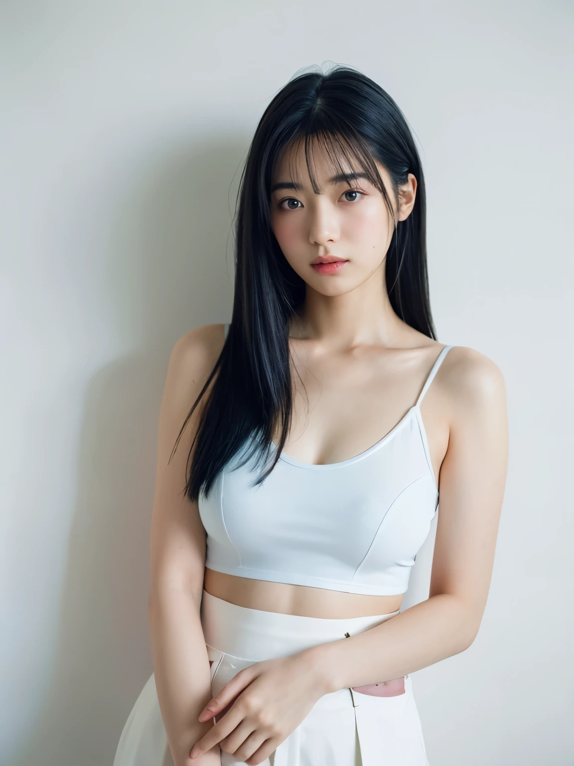 See-through tops、big breasts、Plump thighs、Camisole、(背景にwhite wall、Part of her hair is sky blue:1.4)、white wall、Taken in front of the white door、(窓のあるwhite wallの部屋)、((highest quality、8K、masterpiece:1.3))、ultra high resolution、(photorealistic:1.4)、raw photos、Japanese,(details face)、real、Shot in natural light、Highly detailed face and skin texture、highly detailed lips、correct state of the human body、medium hair、black hair、various poses、natural color lip