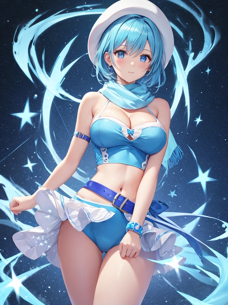 masterpiece, best quality, ultra detailed,realistic,re zero, blue hair, short hair,((large breasts)), (light-blue theme),(sexy
cowgirl costume),(sleeveless
(light-blue crop top),(plunking
neckline),((bare shoulders, bare
arms)),(collarbone, emphasize
cleavage)),(light-blue leather micro
shorts with (many small star-symbol
pattern)),(light-blue Scarf)
 (white theme),(white ten
gallon hat),(white (cowboy boots.
western boots)),(white belt).
(wristband),
 (yellow theme),(yellow
star-symbol print),