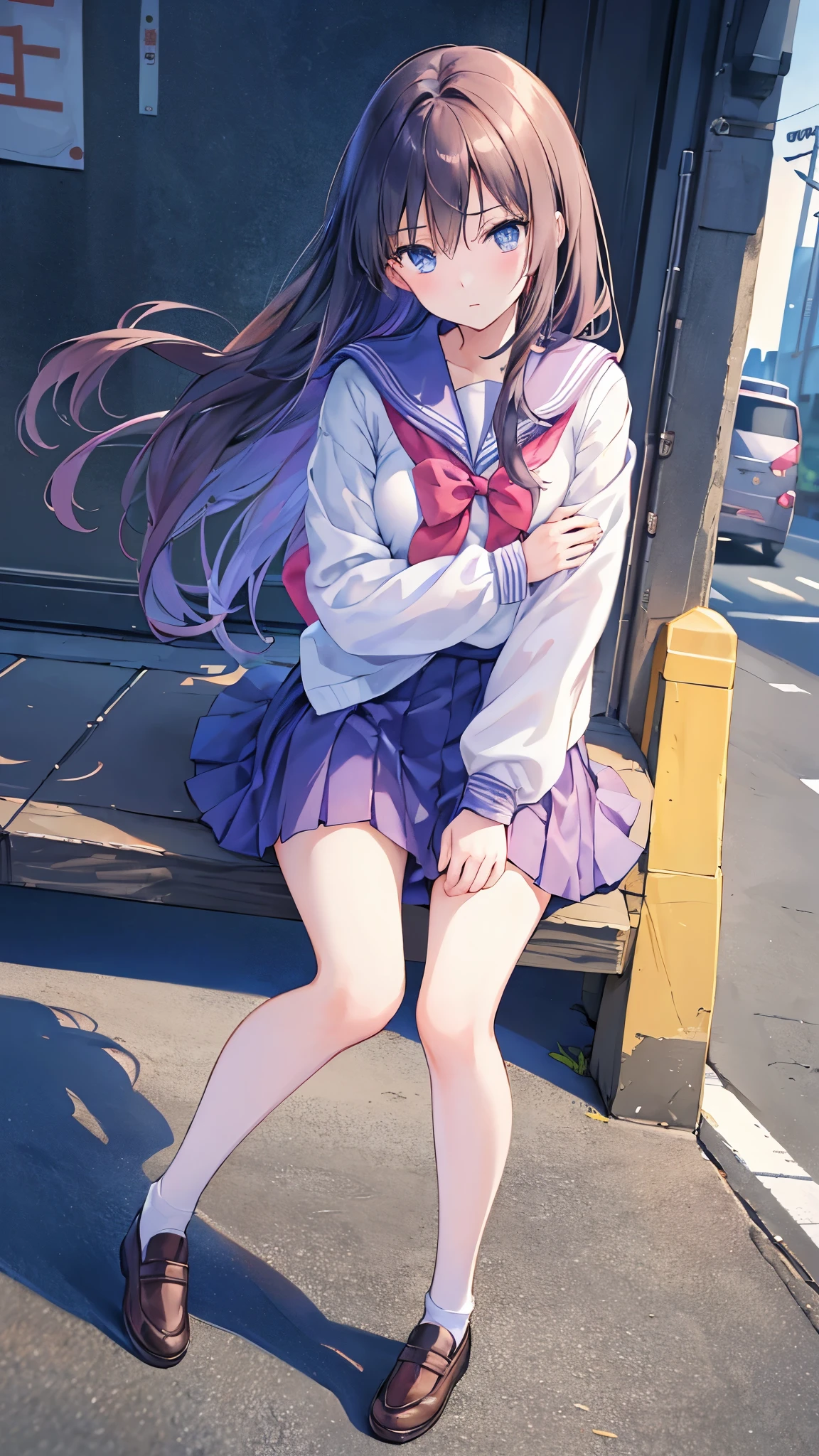 return center of gravity, put both hands in front of both feet, Place both feet in the hands, pretty embarrassing, , thin legs, Tight Skirt, 90 degree knees, put the heel on the ground, hands at feet, hug my legs, kneel down, sidewalk, RAW photo, 8K, highest quality, ultra high resolution, beautiful face details, real human skin, gentle expression, Front view, angle from below, long hair, realistic, realistic, cute, short skirt, Crouch deep in the city, cute女子高生, japanese uniform, Wearing Japanese school uniform, surreal high school girl, whole body,