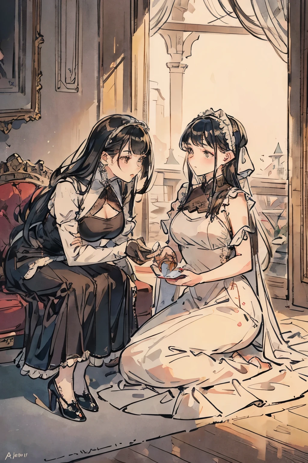 2 girls，Girls in maid outfits and girls in evening dresses，Poor but strong servant working hard，Rich and arrogant hostess enjoys in luxurious armchair，lesbian，Gloves，Perfect and delicate face，perfectly matched clothes，fine shoes，Fine clothing，A composition that reflects the difference in status between the two girls.，Light reflecting the difference in status between the two girls