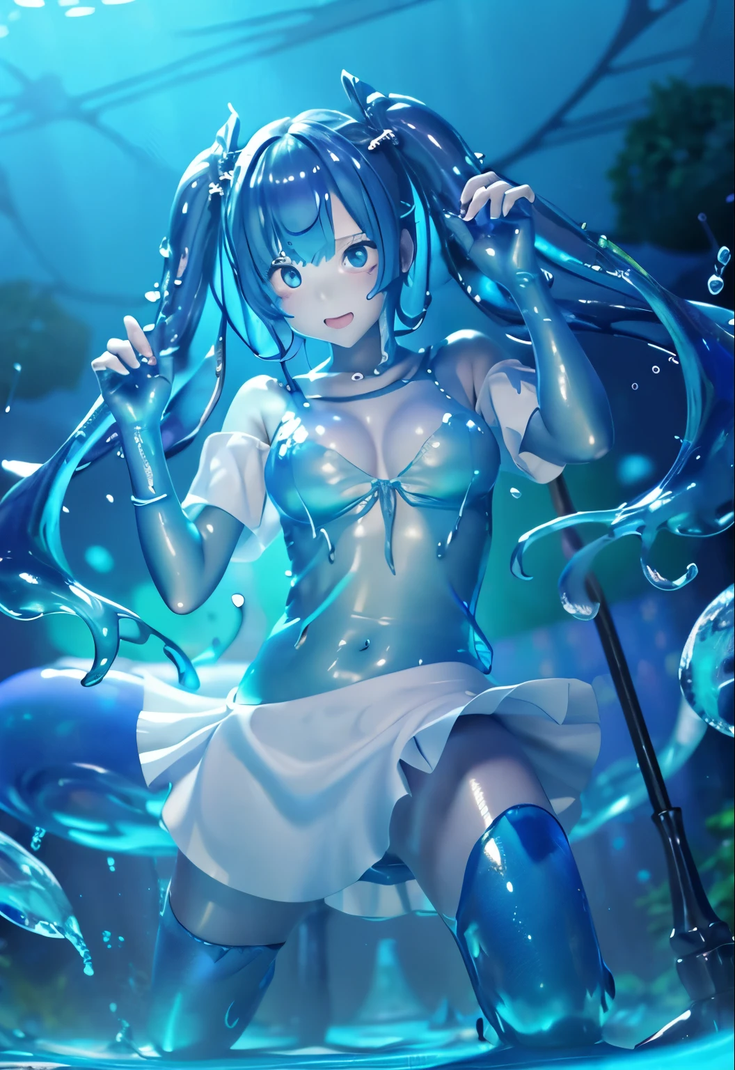 (hight resolution,masutepiece:1.2),Ultra-detailed,(Realistic:1.37), LiquidHair, blue mucus floating around, slime girl, covered in blue slime, (partially transparent), (Wet with water), (blue sweat), Slimy blue liquid dripping from her body. Her hair is also covered in blue slime. blue slime scatters, Blue hair, blue eyes